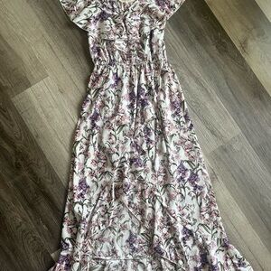 Pink and White Ruffled Maxi Sundress with Flutter Sleeves